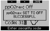 Ma on na celu zabezpieczenie przypadkowego wyłączenia ppo2max. Wprowadzenie pierwszej cyfry kodu następuje za pomocą przycisków + i - (3) i potwierdzenie - przyciśnięcie przycisku >>.