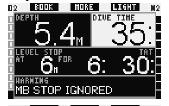 głębokość Level STOP lub poziom MB zostanie zredukowany. (Punkty 2.6.11 i 3.5.5). Poniższe rysunki pokazują obraz wyświetlacza dla konfiguracji CLASSIC i FULL. 2.6.12 Czas zerowy L0 = 2min podczas nurkowania z poziomem MB 2.