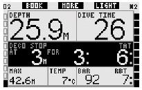 całkowity czas wynurzania (podczas fazy nurkowania dekompresyjnego), ciśnienie gazu w butli, RBT, zawartość % tlenu (do momentu osiągnięcia maksymalnej głębokości), max głębokość (tylko jeśli głębsza