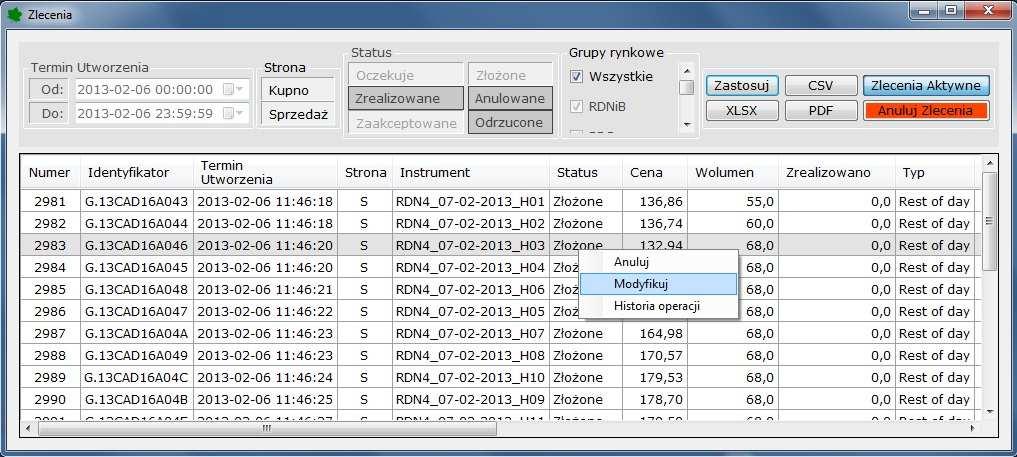 Ekran 11. Okno Zlecenia. Przycisk Anuluj zlecenia umożliwia anulowanie wszystkich widocznych w zestawieniu zleceń pod warunkiem, że żadne z nich nie jest zaznaczone.