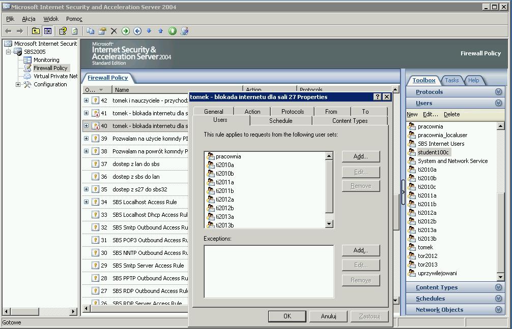 Okno konfiguracyjne zapory sieciowej ISA Server 2003: Zapora sieciowa firewall w systemie Linux Zadanie5: Odszukaj informacje na temat narzędzi TCP Wrappers.