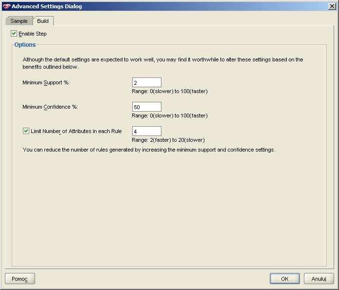 9. Kliknij przycisk Advanced Settings. Upewnij się, że na zakładce Sample opcja Enable Step jest wyłączona (eksploracja zostanie przeprowadzona na całym zbiorze danych). Przejdź na zakładkę Build.