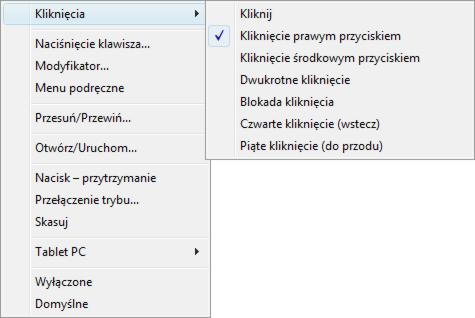 50 FUNKCJE PRZYCISKÓW Ustawienia przycisków ExpressKey oraz przycisków pióra obejmują poniższe opcje. Dla niektórych przycisków część opcji nie jest dostępna.