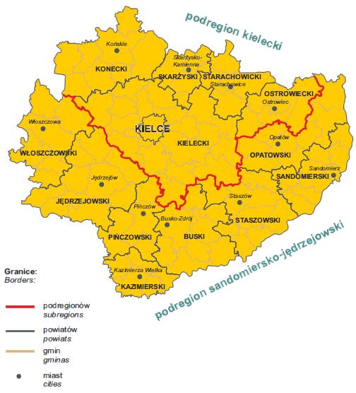 Rysunek 2. Podział terytorialny województwa świętokrzyskiego Źródło: GUS Urbanizacja województwa świętokrzyskiego kształtuje się na niskim poziomie.