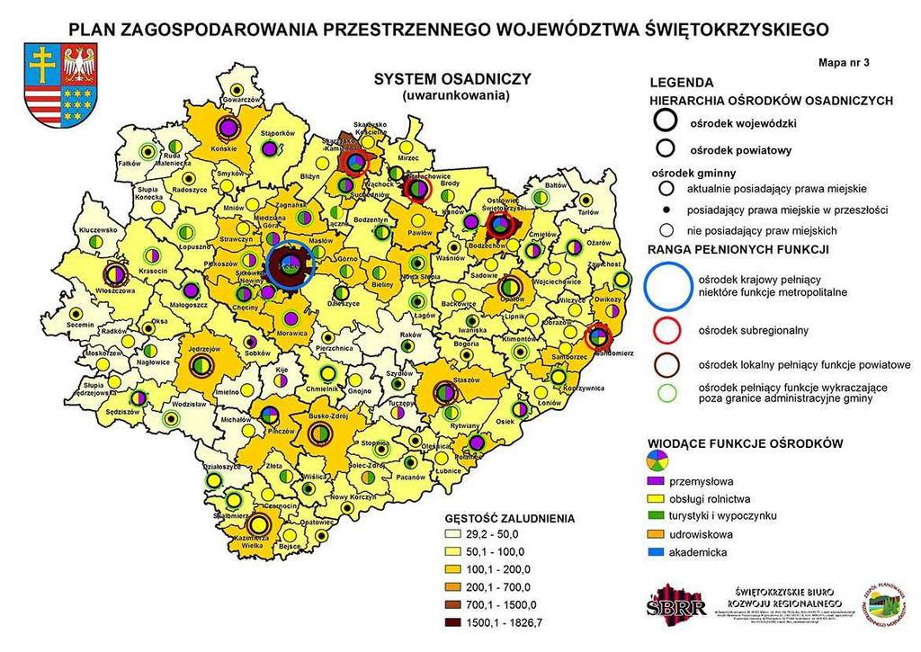 a) ośrodek wojewódzki: Miasto Kielce, uznane za pełniące oprócz funkcji regionalnych szereg funkcji o znaczeniu metropolitalnym, b) ośrodki subregionalne: Ostrowiec Świętokrzyski i Starachowice.