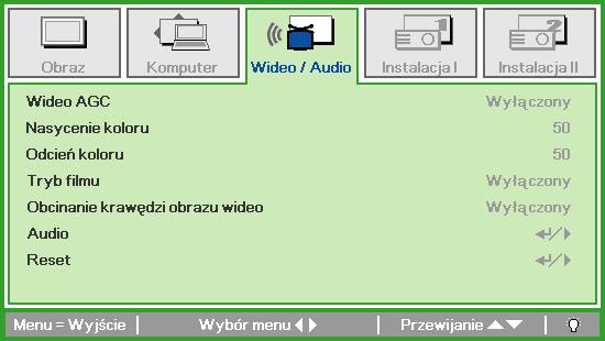 PPrrooj jeekkt toorr DLLPP IInnsst trruukkccj jaa oobbssł łuuggi i Menu Wideo/Audio Wciśnij przycisk MENU, by otworzyć menu OSD. Wciśnij przycisk kursora, by przejść do menu Wideo/Audio.