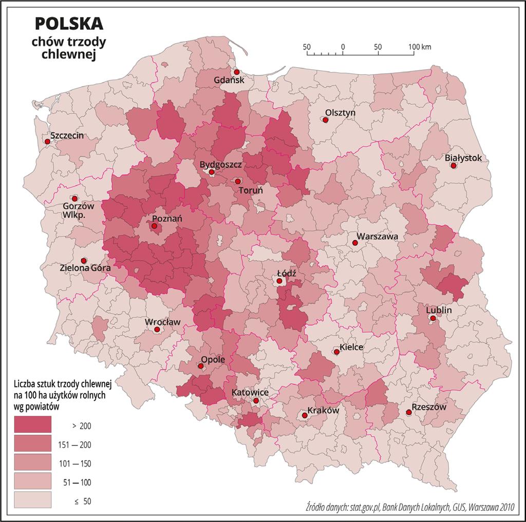 Największe pogłowie i obsada trzody chlewnej występuje: w zachodniej Polsce (w pasie pomiędzy Wrocławiem a Gdańskiem i Olsztynem), funkcjonują tam od wielu lat najnowocześniejsze, wyspecjalizowane