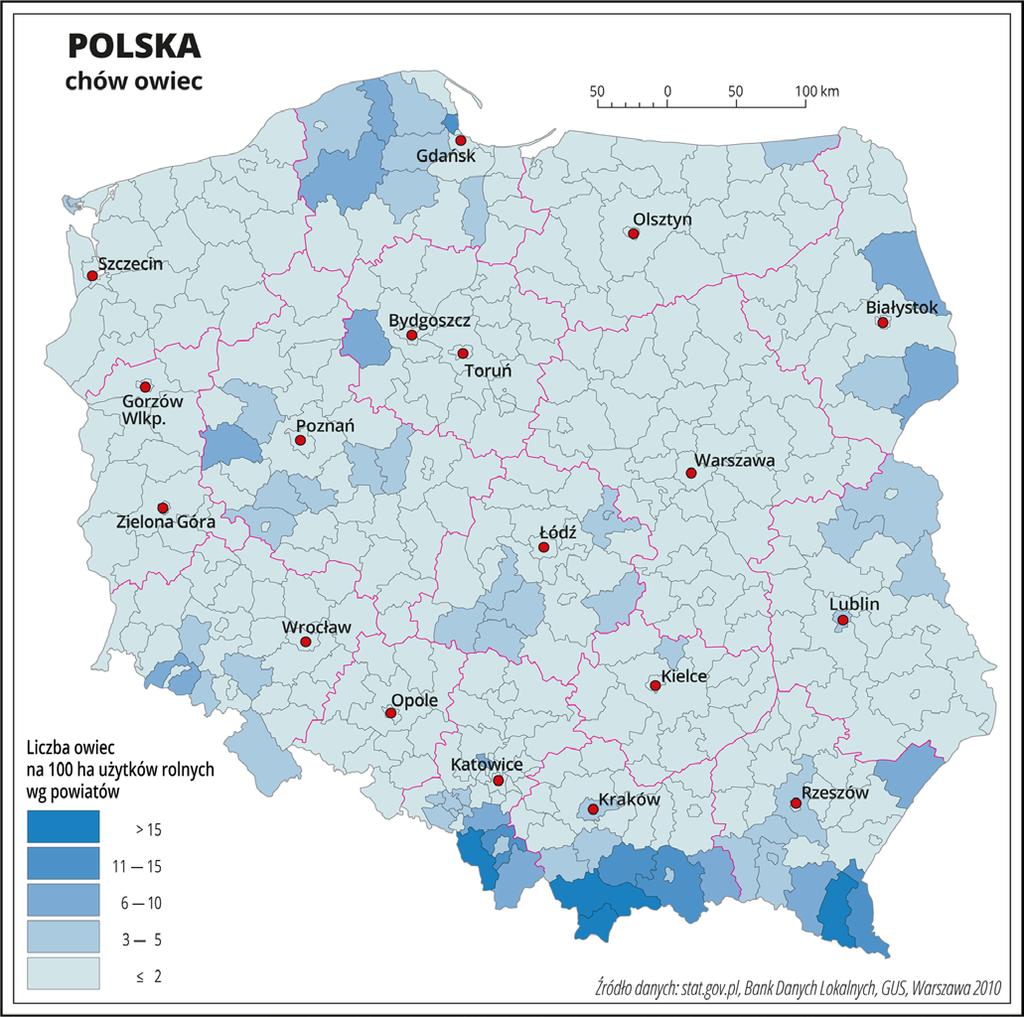 Najwięcej gospodarstw specjalizujących się w hodowli owiec znajduje się na terenach o słabszych glebach i dużym odsetku łąk i pastwisk: na południu Polski (Karpaty na Podhalu i w Bieszczadach oraz w