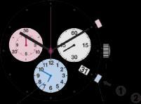 chronografu Wskazania minutowe chronografu Centralna wskazówka sekundnika chronografu Chronograf: kalibracja wskazówek chronografu na pozycje zero Może się zdarzyć, że po wymianie baterii, silnym