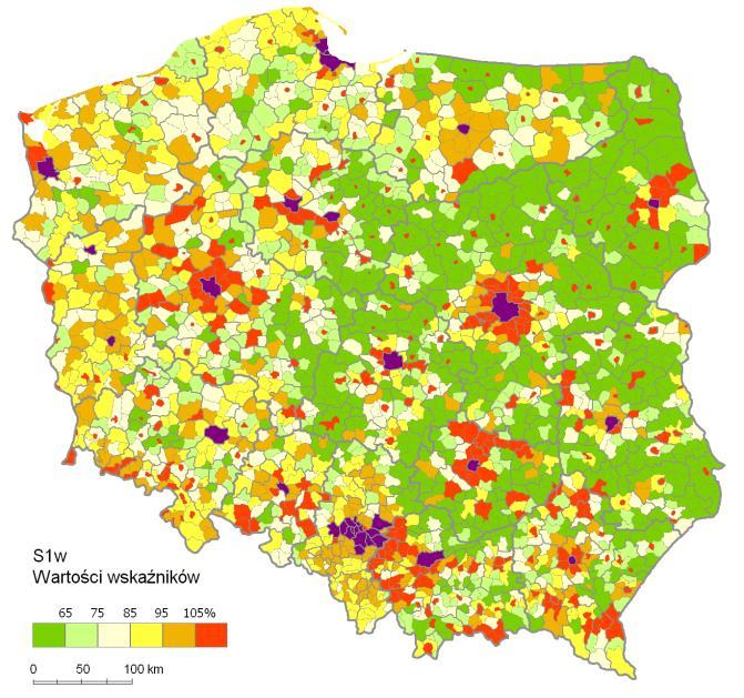 jako stosunek do analogicznego wskaźnika obliczonego dla całego województwa (czyli stosunek do średniej wojewódzkiej) 1. dla całego kraju 2.