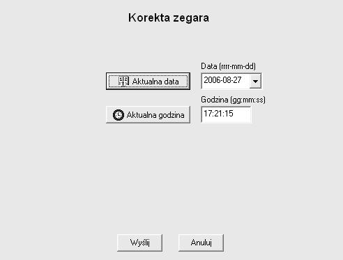 4. W oknie głównym programu w zakładce Dodatkowe wybrać funkcję Korekta zegara 5. W oknach edycyjnych Data oraz Godzina należy wpisać żądaną datę i godzinę.