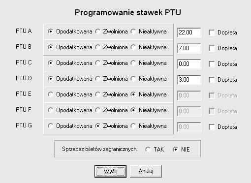 10.6. Programowanie stawek PTU i wybór sprzedaży biletów zagranicznych dla drukarki EMAR-D205. Drukarka fiskalna EMAR-D205 umożliwia zapisanie 7 stawek podatkowych o wartościach z zakresu od 0.