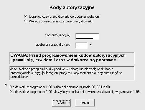 5. Aby ograniczyć czas pracy drukarki fiskalnej należy wybrać opcję Ogranicz czas pracy drukarki do podanej liczby dni, a następnie wpisać odpowiednią liczbę dni pracy drukarki.