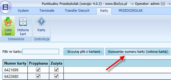 ETAP III generowanie pliku z numerami kart Przed przystąpieniem do pracy związanej z obsługą systemu Punktualny Przedszkolak proszę upewnić się, że system został zaktualizowany o Zestaw dostosowujący