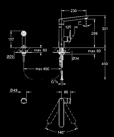 K7 32 179 000 chrom 891,00 32 179 DC0 stal nierdzewna 1 159,00 K7 z prysznicem bocznym montaż dwuotworowy perlator SpeedClean przeciw osadom wapiennym kąt obrotu 140 metalowa dźwignia system