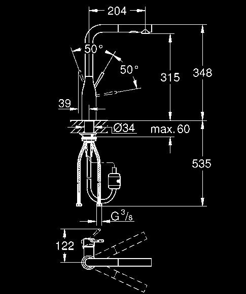 wylewka głowica ceramiczna 28 mm z GROHE SilkMove wyciągana wylewka z przełącznikiem strumienia