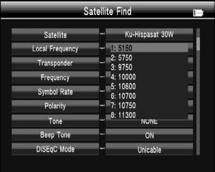 Polski 3.1.2 LOCAL FREQUENCY (CZĘSTOTLIWOŚĆ) Przyciski - wybór listy LNB; - wybór pozycji na liście; - zatwierdzenie wyboru. 3.1.3 TRANSPONDER (TP) Przyciski - wybór listy TP; wybór transpondera; OK - zatwierdzenie wyboru.