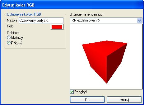 Przy tworzeniu nowego koloru RGB otwiera się okno Edytuj kolor RGB W oknie tym poza nazwą koloru można zdefiniować: Kolor Pozwala wybrać kolor z palety RGB.