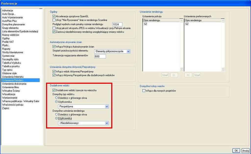 I. Nowości w Preferencjach użytkownika USTAWIENIA RENDERU DOSTĘPNE W PAKIECIE PRO Dodano możliwość konfiguracji ustawień domyślnych dla funkcji Dodatkowe widoki, co pozwoli użytkownikom zdefiniować,