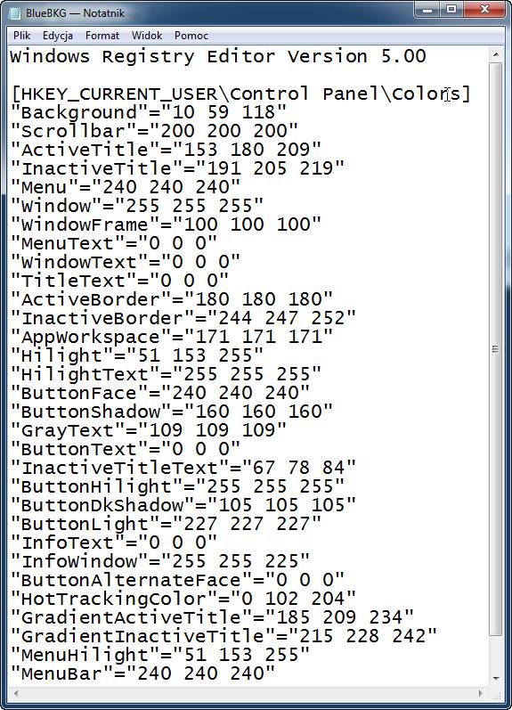 Jaka jest wartość tła. Odpowiedzi mogą się różnić w zależności od wybranego koloru w oknie Właściwości, Ekran. Zamknij BlueBKG.reg - okno Notatnika.