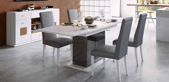 STAR 03 stół kolumnowy biały połysk / czarny połysk extendable table white HG / black gloss MARS 141 krzesło tapicerowane ekoskóra cayenne 1118 dk grey biały matowy upholstered chair cayenne 1118 dk