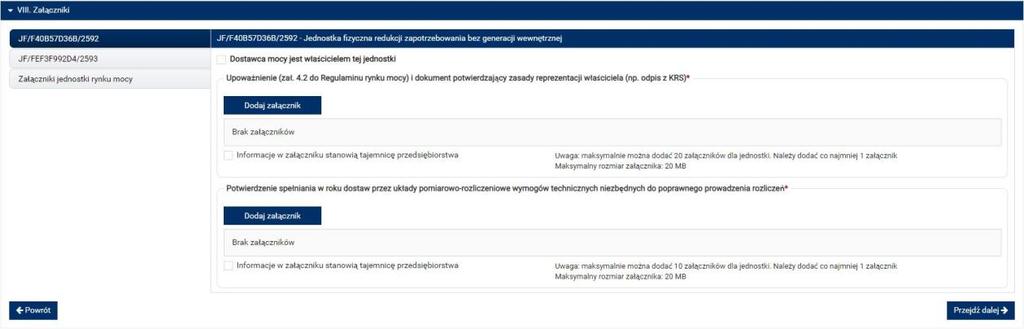 Możliwe jest oznaczenie informacji dodanych w sekcji VII jako tajemnica przedsiębiorstwa poprzez zaznaczenie odpowiedniego pola.