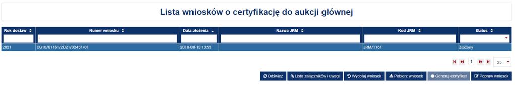 4 PRZEGLĄDANIE, WYCOFANIE I POPRAWA WNIOSKÓW Aby przeglądać złożone wnioski o certyfikację do aukcji mocy, należy z menu głównego wybrać kolejno: Certyfikacja Przeglądaj wnioski o certyfikację.