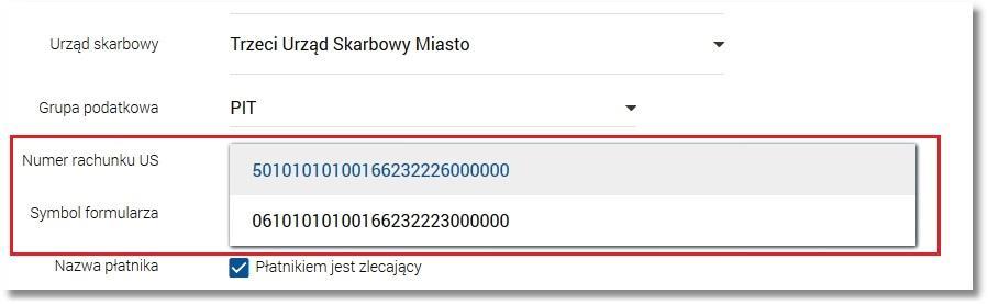 W przypadku, gdy dla wybranej grupy podatkowej dostępnych jest więcej rachunków wówczas użytkownik ma możliwość wskazania wybranego rachunku z dostępnej listy: Symbol formularza - lista symboli