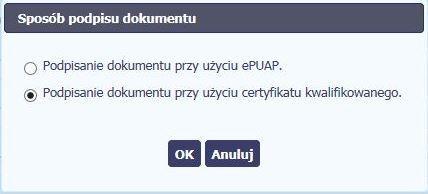 Po wprowadzeniu właściwego kodu i potwierdzeniu przez funkcję OK, system zaprezentuje komunikat o podpisie dokumentu i wysyłce do Instytucji