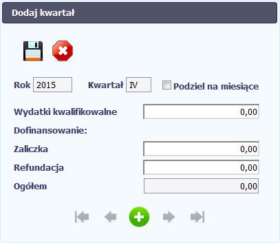 W otwartym oknie Dodaj kwartał wprowadzasz dane szczegółowe. Pole Rok uzupełniane jest automatycznie przez SL2014 z uwzględnieniem okresu realizacji Twojego projektu, zapisanego w umowie.