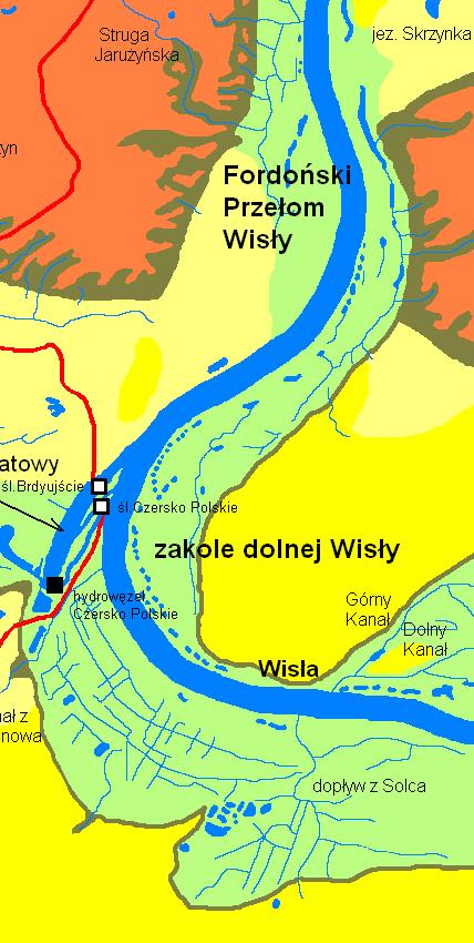 przełomem pod Fordonem płynie na północ. w granicach miasta Wisła płynie w wyraźnie wykształconej dolinie. Szerokość trasy regulacyjnej rzeki wynosi 300-375 m.