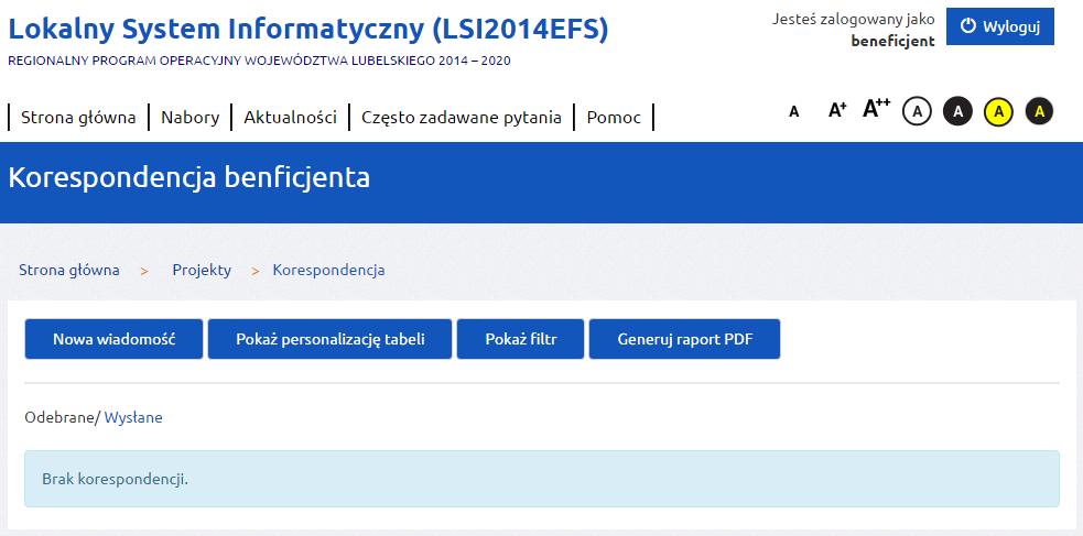 trakcie realizacji projektu. Instytucja Organizująca Konkurs może ustalić zasady wykorzystania przedmiotowego modułu. Moduł dostępny jest w kaflu Projekty pod przyciskiem Korespondencja.