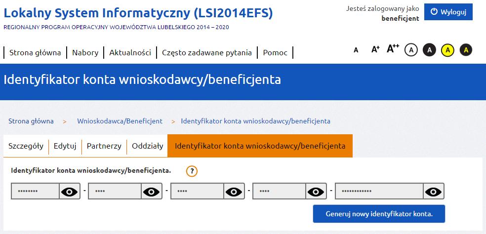 Numery znajdujące się w poszczególnych częściach pola Identyfikator konta wnioskodawcy/beneficjenta należy odkryć klikając obrazek oka znajdujący się po prawej stronie każdego pola.