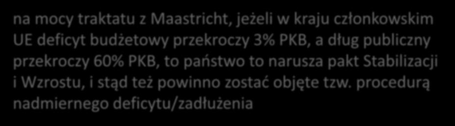 na mocy traktatu z Maastricht, jeżeli w kraju członkowskim UE deficyt budżetowy przekroczy 3% PKB, a dług publiczny przekroczy 60%