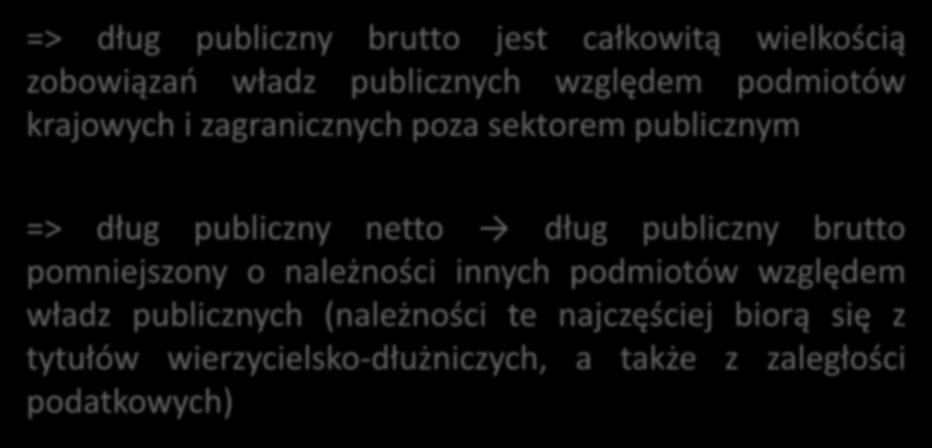 Dług publiczny brutto i netto => dług publiczny brutto jest całkowitą wielkością zobowiązań władz publicznych względem podmiotów krajowych i zagranicznych poza sektorem publicznym => dług publiczny