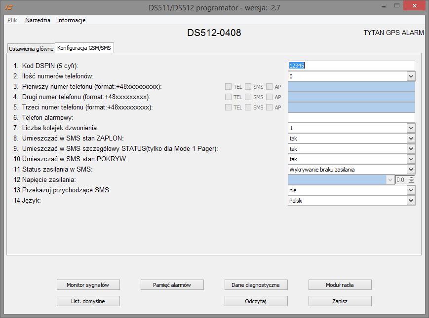 5. KONFIGURACJA PARAMETRÓW POWIADAMIANIA GSM Zakładka "Konfiguracja GSM/SMS" umożliwia ustawienie parametrów związanych z powiadamianiem GSM: programowanie numerów telefonów powiadamianych o