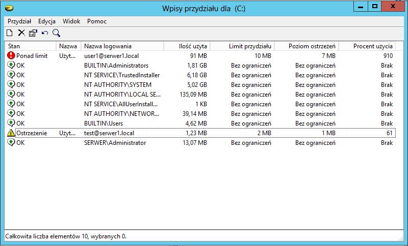 Na powyższym zrzucie widać, iż użytkownik user1 znacznie przekroczył swój udział, a użytkownik test przekroczył limit swojego ostrzeżenia.