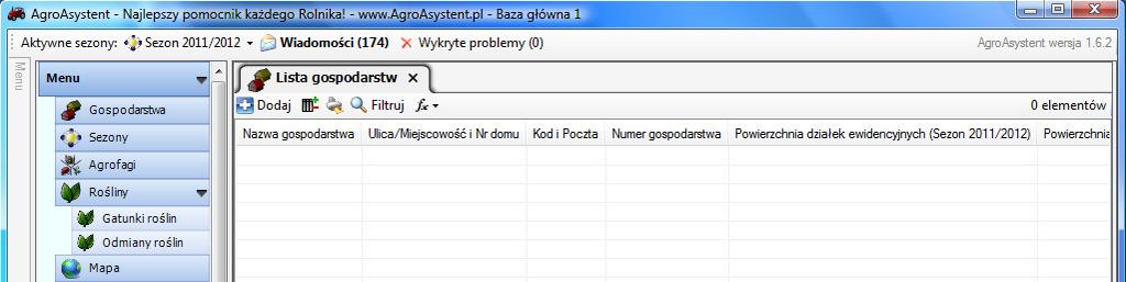 W obszarze roboczym otworzy się Lista gospodarstw (na razie bez wpisów): Rys. 8. Lista gospodarstw. Do jednej bazy danych programu można dodać kilka gospodarstw.