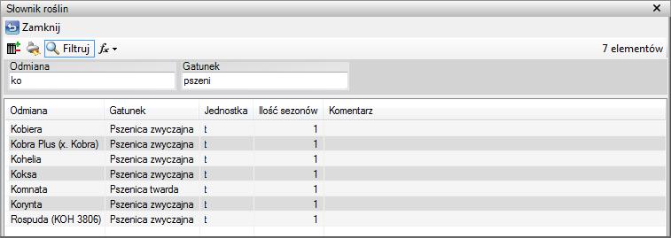 tekstu). Następnie w polu Odmiana wpisujemy ko. W rezultacie program wyświetlił nam 7 pasujących elementów: Rys. 24. Słownik roślin wynik filtrowania.