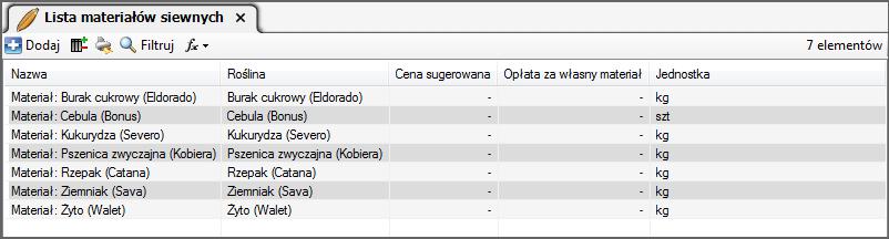 Rys. 33. Lista materiałów siewnych z przykładowymi wpisami. 3.10. Wprowadzanie stanów początkowych zasobów w magazynie.