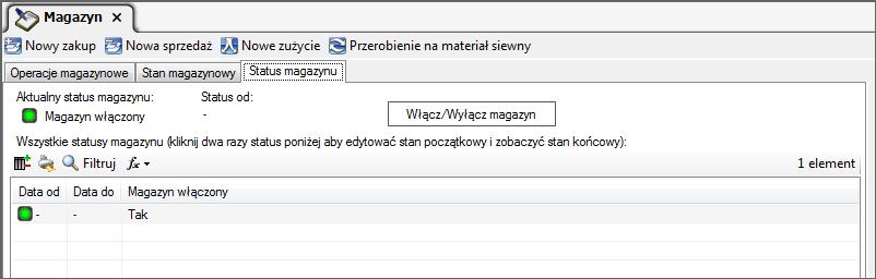 Rys. 35. Magazyn widok umożliwiający zmianę oraz edycję statusów. Na widoku Status magazynu możemy: 1. Sprawdzić czy aktualnie moduł magazynu jest włączony czy wyłączony. 2.