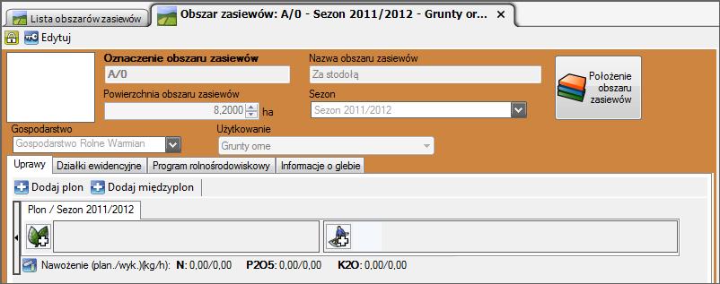 Aby określić jaką roślinę będziemy uprawiać w bieżącym sezonie uprawnym, klikamy na przycisk Poniżej na szarym polu pojawi się nowy element typu Plon