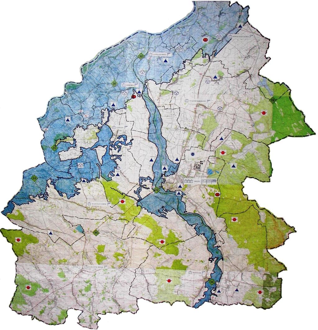 Mapa Powiatu Mieleckiego - zagrożenie powodziowe wodą stuletnią (Q 1%) Wisły i Wisłoki UG Padew Narodowa UG Gawłuszowice UG Borowa UG Tuszów Narodowy UG Czermin UM Mielec UG