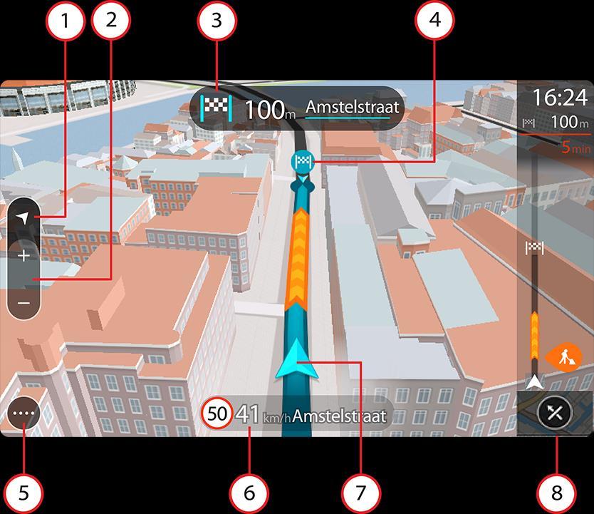 Wskazówka: w przypadku wyświetlenia widoku nawigacji 3D po zaplanowaniu trasy, użyj przycisku przełączania widoku, aby zmienić widok mapy i korzystać z interaktywnych funkcji. 1. Przycisk widoku.