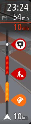 Pasek trasy Pasek trasy jest wyświetlany, jeśli zaplanowano trasę. W górnej części jest wyświetlany panel informacji o przyjeździe, a pod spodem pasek z symbolami.