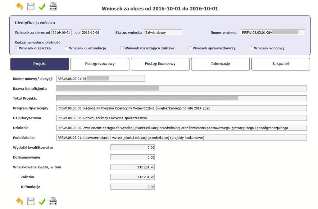 Należy wybrać odpowiedni rodzaj wniosku o płatność.