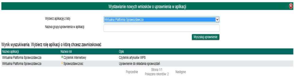 Po wyborze opcji Dostępu do aplikacji pojawia się ekran, który przedstawia listę dostępnych aplikacji w AZU wraz z ich rolami o