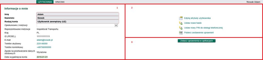 Menu Użytkownik 3. Menu Użytkownik Menu Użytkownik podzielone jest na 3 sekcje, które przedstawiają odpowiednio informacje o użytkowniku, dostępne funkcje oraz podgląd uprawnień w aplikacjach. 1.
