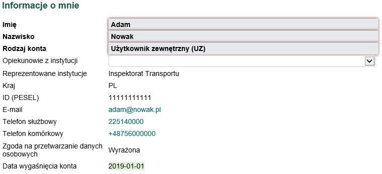 Opiekunowie z instytucji to lista rozwijalna przedstawiająca Administratora/-ów Uprawnień Instytucji (AUI) z instytucji, do których przynależy zalogowany użytkownik.