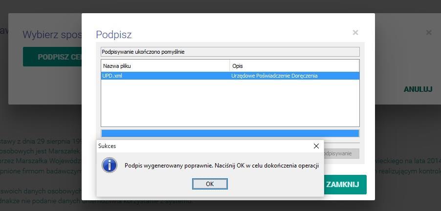 Rys. 31. Podpisanie UPD zakończone sukcesem. Rys. 32. Po podpisaniu UPD dostępne będą szczegóły zadania. Po podpisaniu UPD, pod przyciskiem szczegóły dostępne są informacje dotyczące zadania. UWAGA!